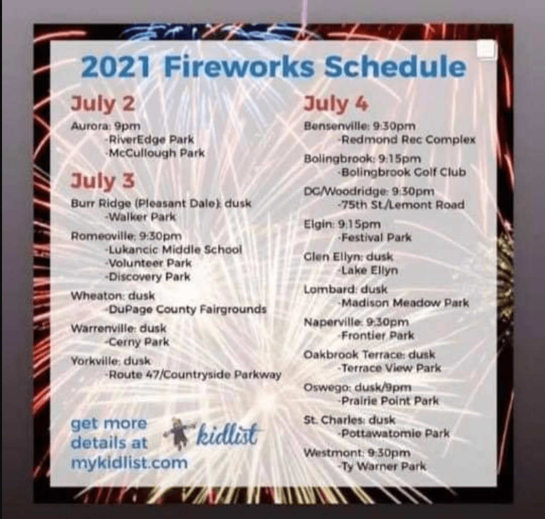 Les mostramos los itinerarios para todo el fin de semana. Desde el dos de julio hasta el cuatro. Las festividades se llevarán a cabo desde Aurora hasta Westmont, en distintos parques o centros de entretenimiento.