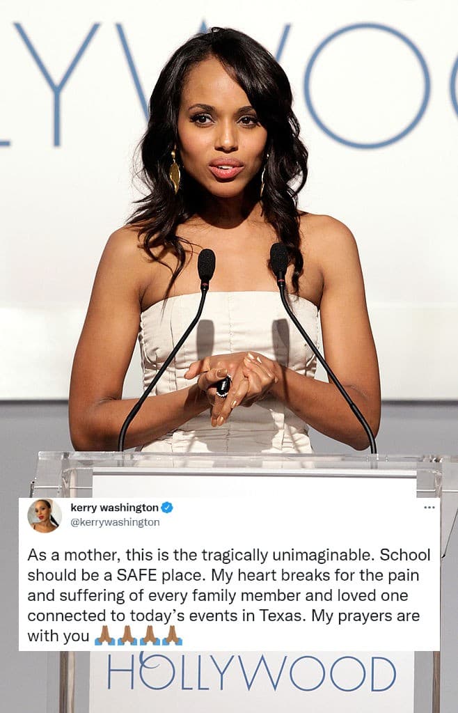 La actriz
<b>Kerry Washington</b> se mostró conmovida ante la tragedia: "Como madre, esto es lo trágicamente inimaginable. La escuela debe ser un lugar seguro. Mi corazón se rompe por el dolor y el sufrimiento de cada miembro de la familia y ser querido relacionado con los eventos de hoy en Texas. Mis oraciones están contigo".
<br>