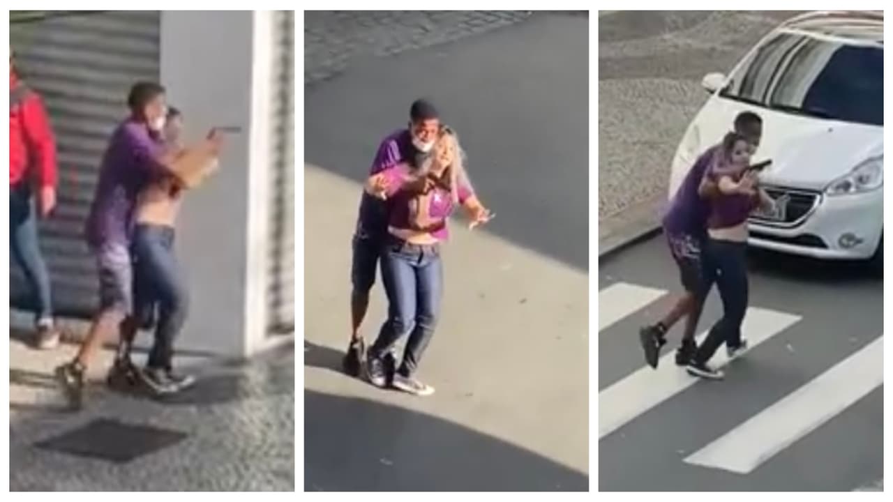 Imágenes fuertes: Ladrón toma de rehén a una mujer en plena calle y la policía lo abate a tiros (entre aplausos de la gente)