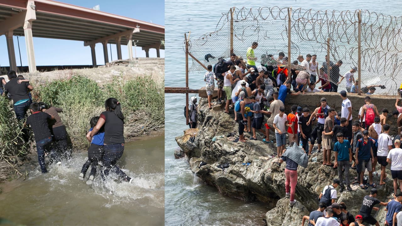 A la izquierda, una familia de migrantes cruza apresuradamente el río Bravo entre Ciudad Juárez y El Paso, en la frontera entre Estados Unidos y México en2019. (Foto AP/Christian Torres). A la derecha, el cruce masivo en la valla fronteriza de Ceuta en la playa de El Tarajal, el 30 de julio de 2026 (Foto AP).