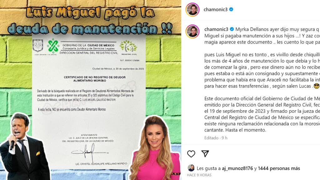 Chamonic, 'influencer' y experta en temas de farándula, replicó en su cuenta de Instagram el supuesto documento oficial que publicó el portal Vanitatis que revelaría que Luis Miguel no es un "deudor alimentario" como acusó Aracely Arámbula.