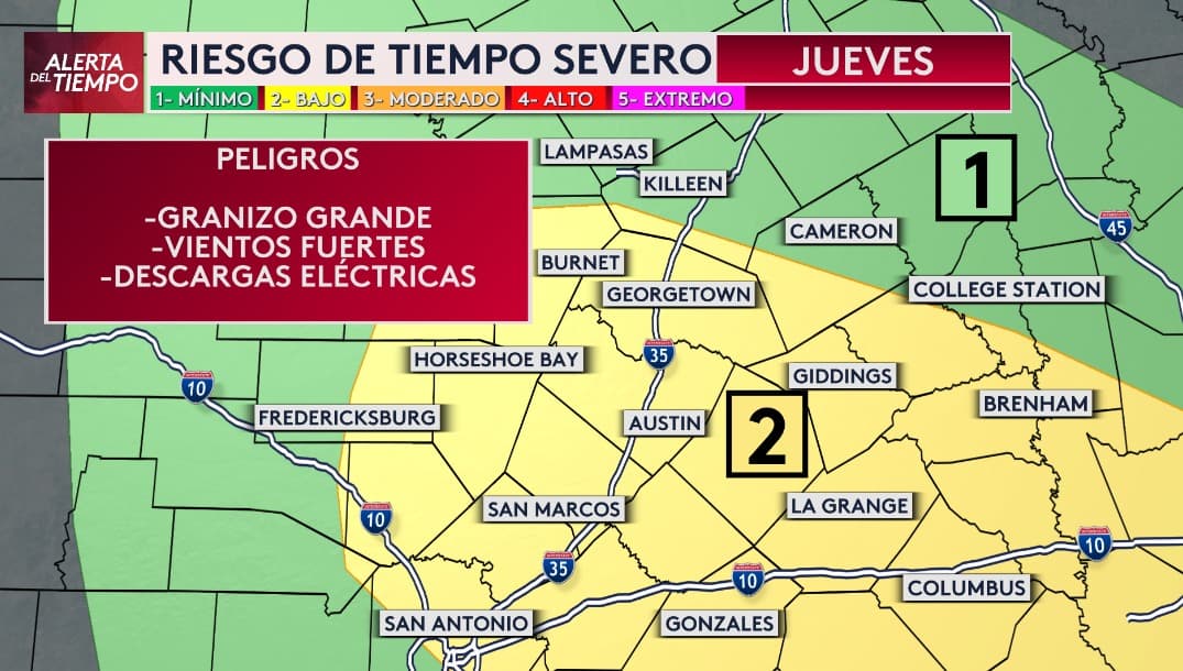 Tormentas con descargas eléctricas, fuertes vientos y granizo de gran tamaño se espera para Austin y San Antonio durante este jueves.
