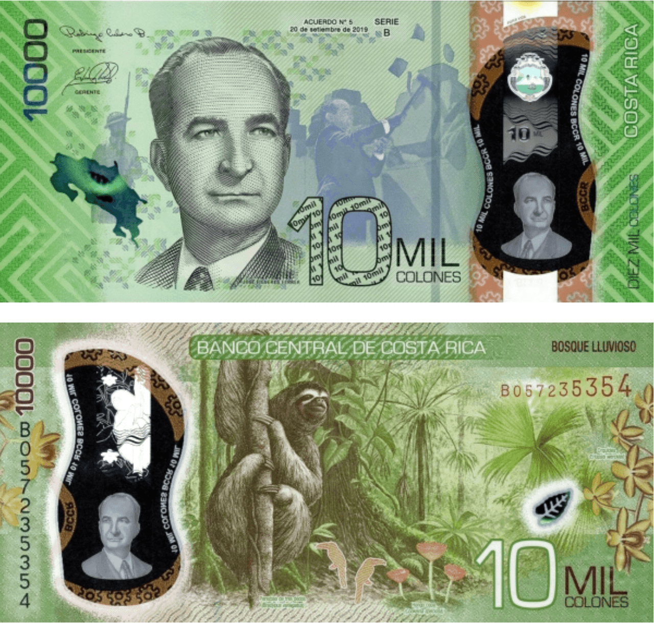 <h3 class="cms-H3-H3">8. Costa Rica (10,000 colones)</h3>
<br>
<br>En la parte frontal se aprecia el mapa de Costa Rica, un soldado con un fusil, la imagen de José Figueres Ferrer y la abolición del ejército.
<br>
<br>En el reverso
<b> hay un texto en español, la imagen de una selva tropical, una flor de orquídea, copa de hongo, un perezoso de tres dedos y aves. </b>
<br>
<br>