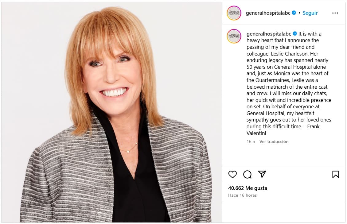 Muere la actriz Leslie Charleson a los 79 años.