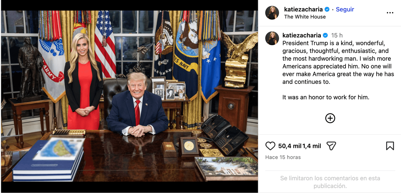 "Fue un honor trabajar para él": Katie Zacharia dedica publicación de despedida al presidente Donald Trump