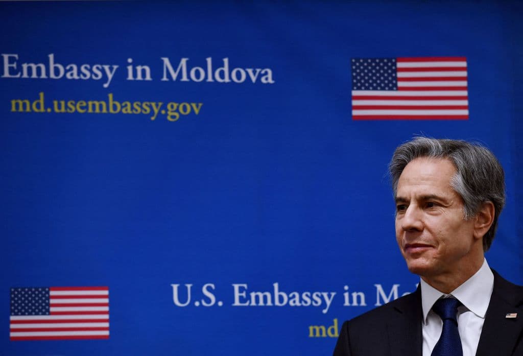 El secretario de Estado, Antony Blinken, en la embajada estadounidense en Moldavia, el 5 de marzo de 2022.