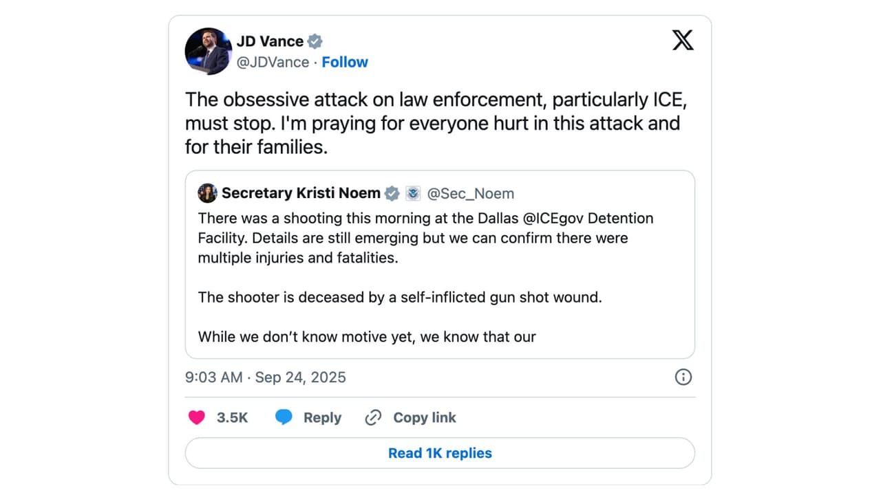 <b>El vicepresidente J.D. Vance respondió a la publicación de la secretaria Noem</b> con el siguiente comentario: "El ataque obsesivo contra las fuerzas del orden, particularmente contra ICE, debe detenerse. Estoy rezando por todos los heridos en este ataque y por sus familias".