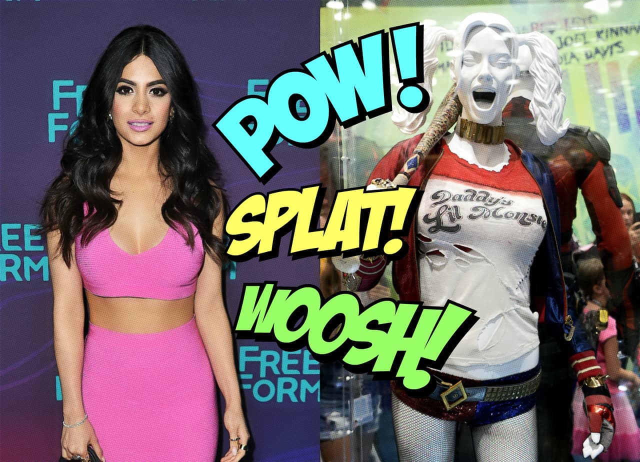 Este es el disfraz más buscado, se trata de Harley Quinn, que es una de las protagonistas del Escuadrón Suicida y quién más, que la guapa Emeraude de Toubia para vestir como esta sexy arlequín.