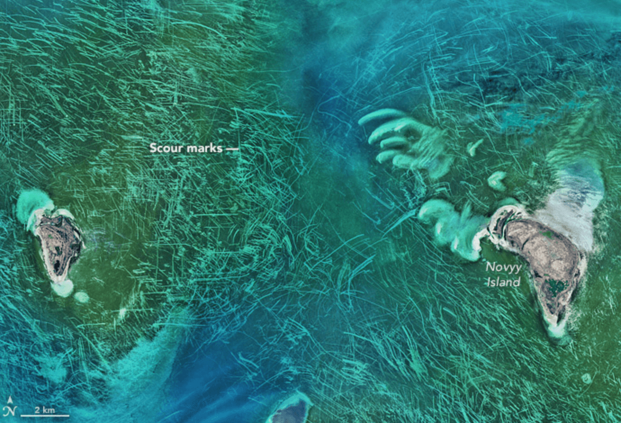 <b>El hielo recorre el mar Caspio norte 1, 16 de abril de 2016. </b> El científico oceánico de la NASA Norman Kuring encontró esta imagen que mostraba líneas que cruzaban el Mar Caspio del Norte, en el Archipiélago Tyuleniy. ¿Qué son esas líneas? Al parecer son características del fondo del mar. "Se puede decir esto por el hecho de que las marcas establecidas en enero no se han movido en abril",
<a href="https://earthobservatory.nasa.gov/images/87903/ice-scours-the-north-caspian-sea" target="_blank">dijo Kuring</a>.
<br>
<br>
<br>