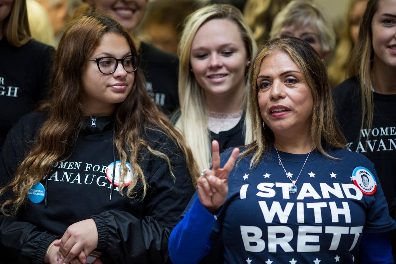 WASHINGTON, DC - SEPTEMBER 27: Supporters of Supreme Court Nominee Brett Kavanaugh gather in the Hart Senate Office Building on September 27, 2018 in Washington, DC. On Thursday, Christine Blasey Ford, who has accused Kavanaugh of sexual assault, is testifying before the Senate Judiciary Committee. (Photo by Zach Gibson/Getty Images)