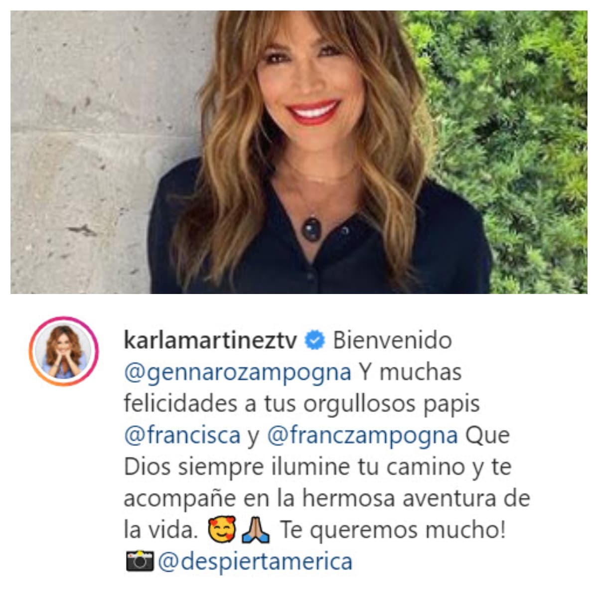 Desde nuestro foro,
<b>Karla Martínez</b> también se unió a la ola de felicitaciones. "
<b><a href="https://www.instagram.com/p/CRERfUSn9S0/" target="_blank">Que Dios siempre ilumine tu camino</a></b> y te acompañe en la hermosa aventura de la vida".