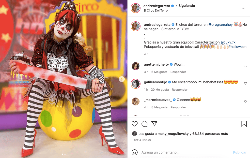 <b>Andrea Legarreta </b>
<br>En programa 'Hoy' los conductores también se disfrazaron y se convirtieron en personajes de "El circo del terror". Andrea Legarreta se transformó en una payasita terrorífica.