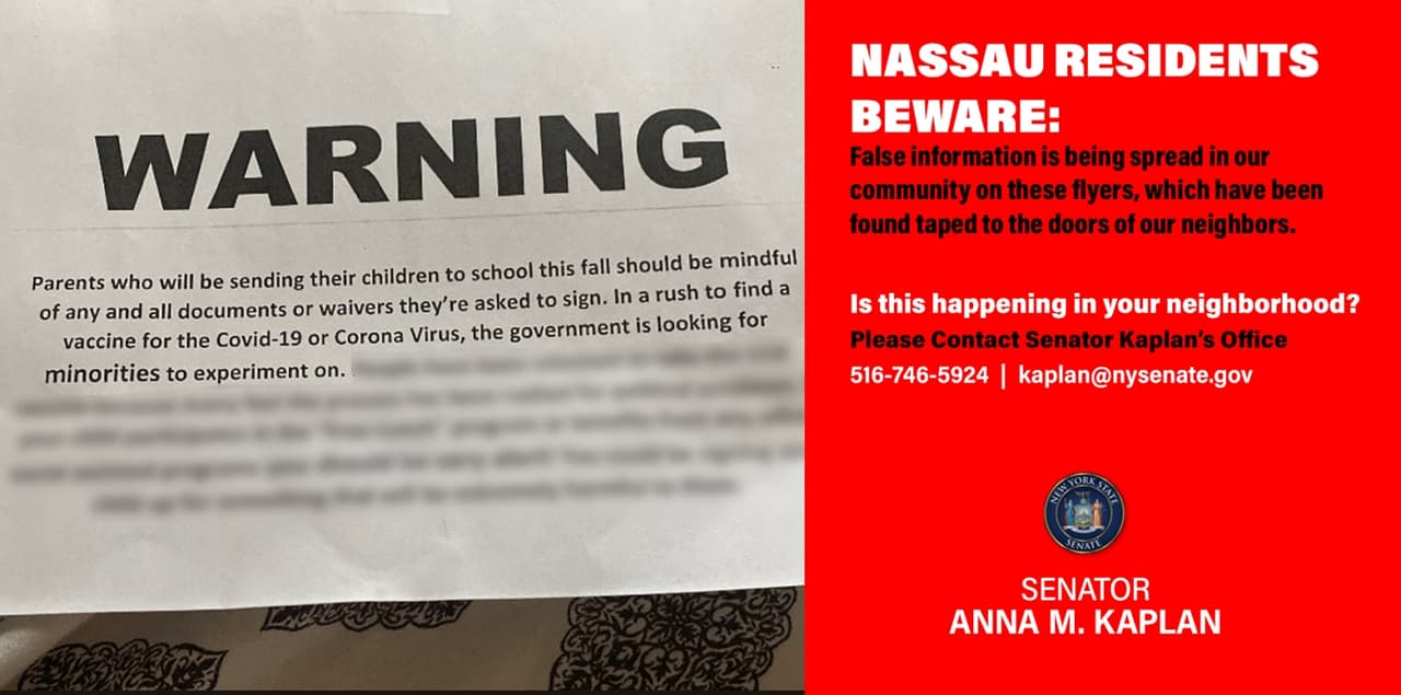 Residentes de Nassau, en Long Island, Nueva York, encontraron un volante como este con información falsa sobre un supuesto "experimento" con minorías para hallar una vacuna contra el coronavirus.