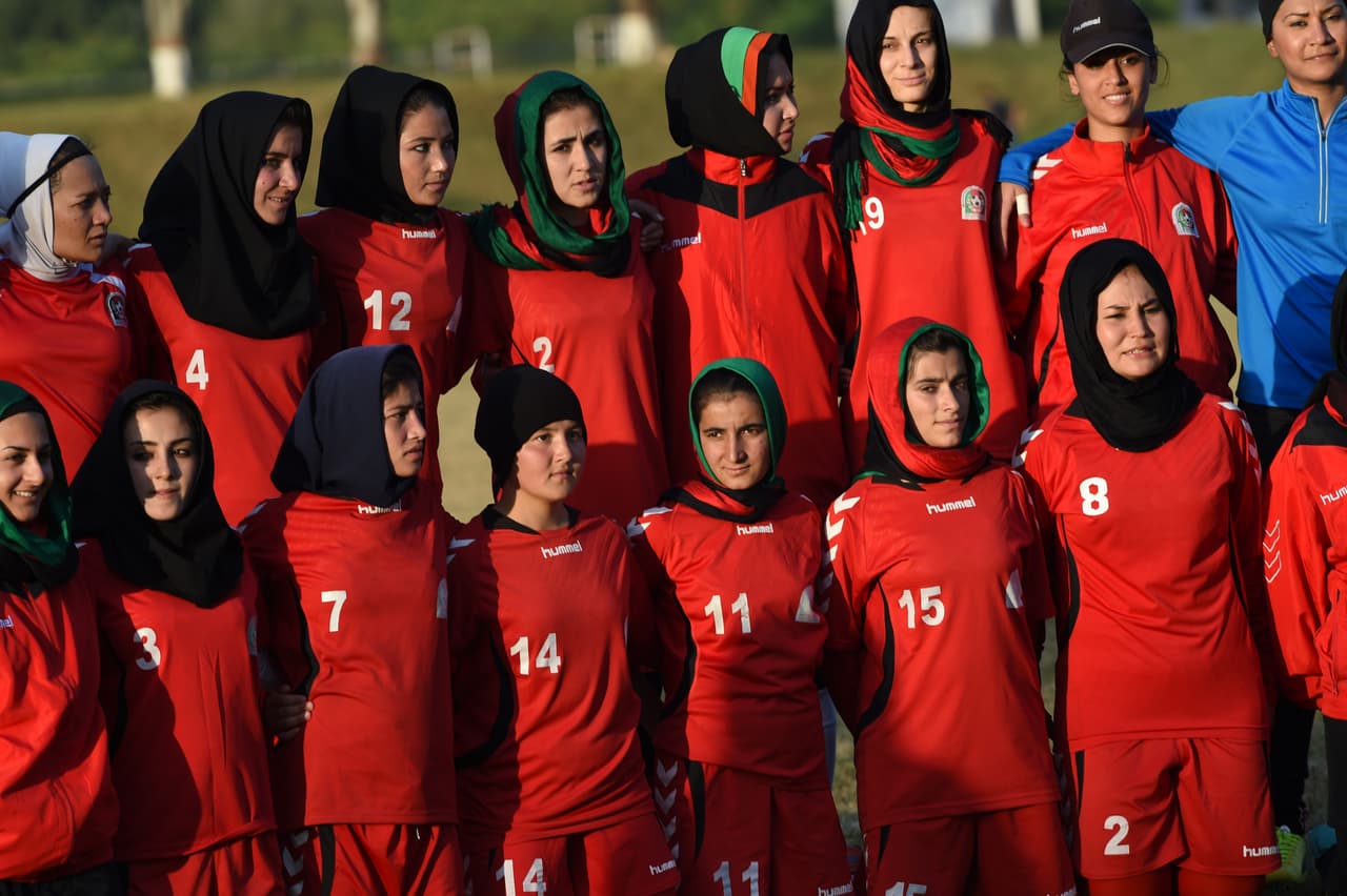 Afghan women football players pose during a practice ahead of the South Asia Football Federation.