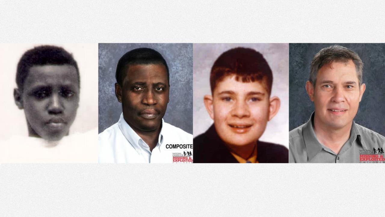 <b>David Williams y Steven Anderson</b>
<br>
<br>Williams (izquierda) tenía 12 años y Anderson tenía 17 cuando
<a href="https://www.fbi.gov/wanted/kidnap/steven-anderson"><u>desaparecieron en el municipio de Pemberton, Nueva Jersey</u></a>, el 7 de abril de 1975. Al lado de sus fotos las imágenes de cómo se verían a los 48 años y 56 años, respectivamente.