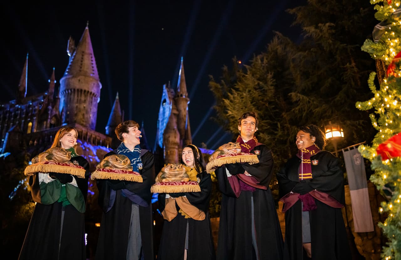 <b>Decoración festiva</b>: Durante la temporada navideña, las calles de Hogsmeade y Diagon Alley se iluminan con guirnaldas, luces brillantes y adornos temáticos que transportan a los visitantes a un mundo mágico lleno de espíritu navideño.