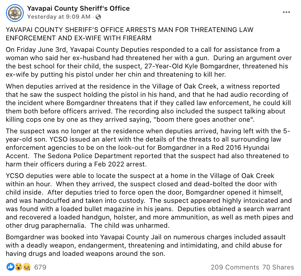 Arrestan a Kyle Bomgardner luego ser acusado de amenazar con matar a su exesposa y disparar a la policía.