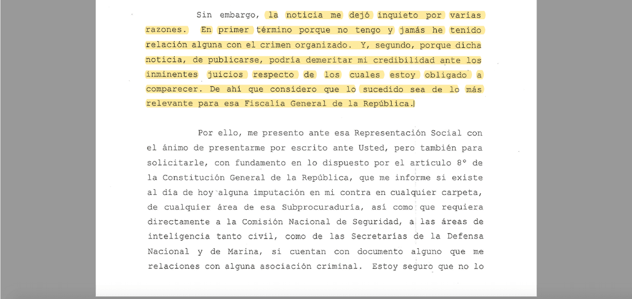 Fragmento del escrito de Tarek Abdala, que envió a la fiscalía tras ser cuestionado por Univision.