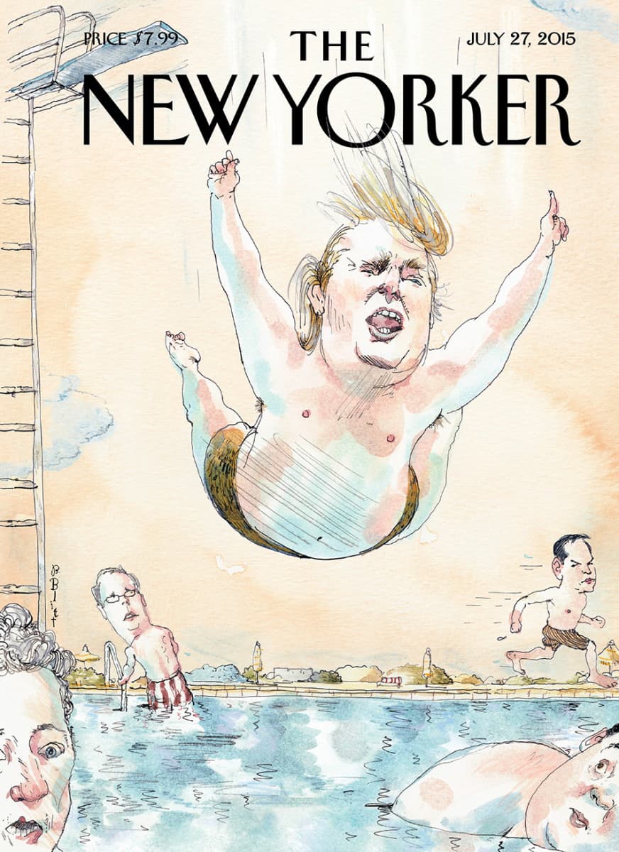 <b>27 DE JULIO DE 2015</b>.
<b><a href="http://www.newyorker.com/culture/culture-desk/cover-story-2015-07-27" target="_blank">"Belly Flop" (Panzada).</a> </b>Cuando en junio de 2015 Trump irrumpió escandalosamente en la política estadounidense
<b><a href="http://www.univision.com/noticias/trump-califica-a-inmigrantes-mexicanos-de-violadores-y-criminales-en-su-discurso" target="_blank">con sus comentarios peyorativos sobre los mexicanos</a></b>, esta fue la mirada de Blitt.
<b>"Trump ha entrado en la pelea de los candidatos presidenciales republicanos con toda la gracia de un <i>bully</i> haciendo bomba y panzada en la piscina local"</b>, dijo.