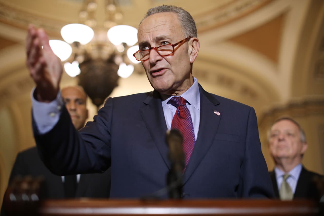 WASHINGTON, DC - OCTOBER 02: Senate Minority Leader Charles Schumer (D-NY) (C) talks to reporters following the weekly Senate Democratic policy luncheon at the U.S. Capitol October 02, 2018 in Washington, DC. Senate GOP leaders agreed last week with the Judiciary Committee to allow the FBI to conduct a one-week investigation into sexual assault allegations against Supreme Court nominee Judge Brett Kavanaugh before the Senate votes on his confirmation. (Photo by Chip Somodevilla/Getty Images)