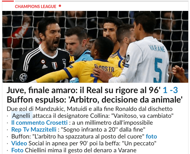 <b>La Repubblica:</b> Final amargo para la Juve: el Real pasa con un penalti en el 96'. Buffon, espulsado