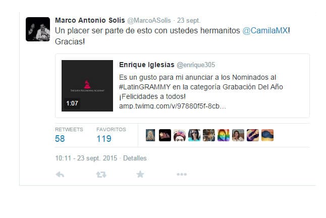 Y de inmediato, Marco Antonio Solís le contestó a Camila por esta nominación compartida.
