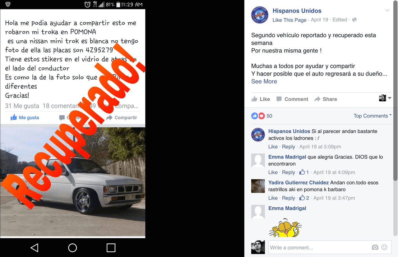 Encontraron su auto robado tras pedir ayuda en Facebook