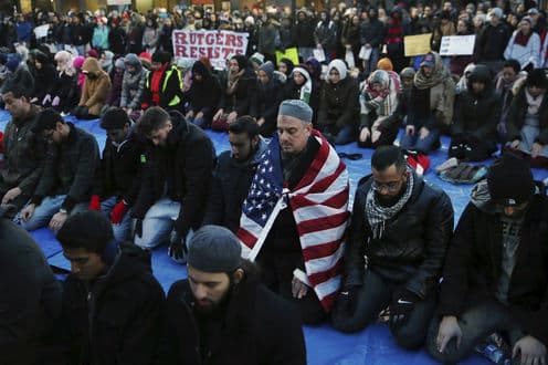 People rally in New Brunswick, N.J. against President Trump’s ‘travel ban.’
<br>