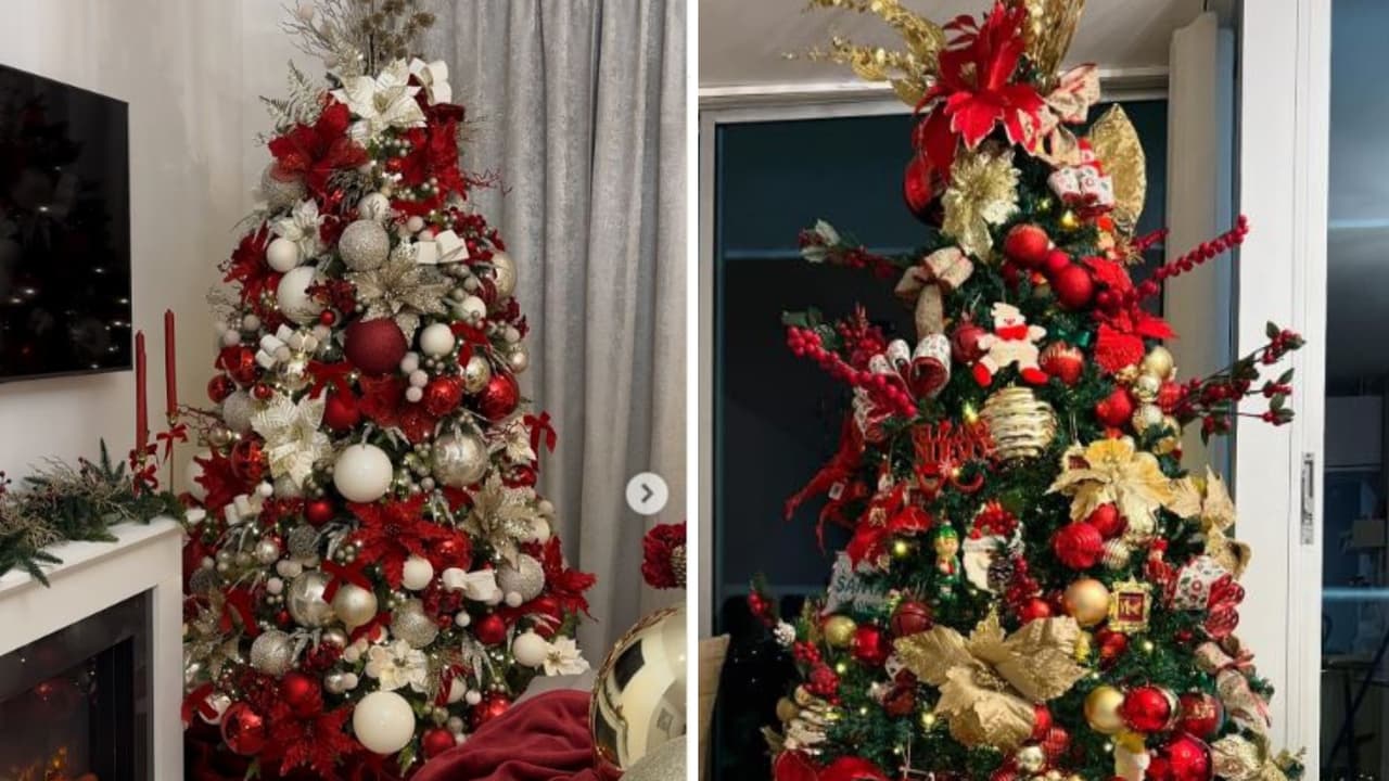 Árboles de Navidad con adornos rojos, blancos y dorados