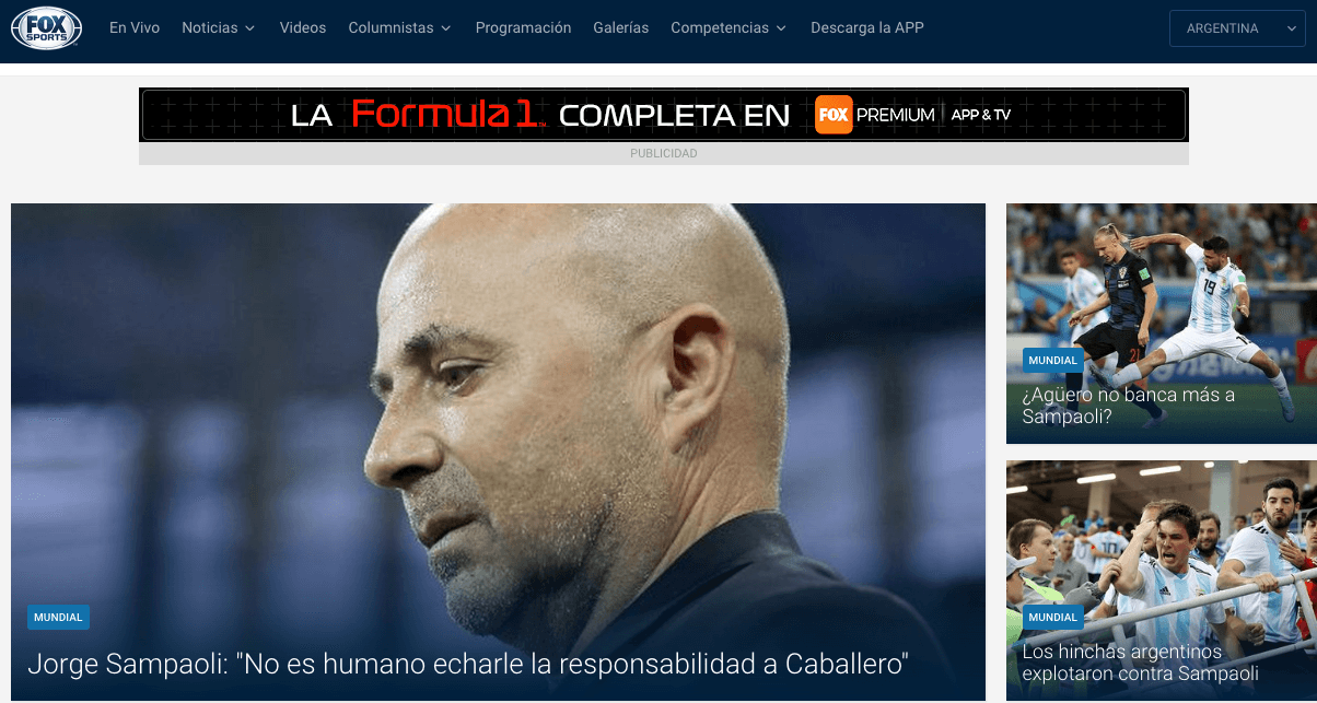 Fox Sports Argentina: Pone en su portada las declaraciones de Sampaoli, haciéndose cargo de la derrota y salvando la imagen de Willy Caballero.