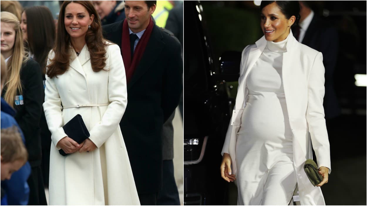<b>Blanco total: </b>Nada llama más la atención que un atuendo totalmente blanco y en caso de embarazo, aún más. Por eso, tanto Kate como Meghan recurrieron a un inmaculado abrigo blanco como truco de estilo para llamar poderosamente la atención. En el caso de Kate, llevó uno de Max Mara sobre un vestido de Alice Temperley ajustado a la cintura para una visita a Portsmouth mientras que Meghan usó su abrigo de Amanda Wakeley abierto sobre un vestido Calvin Klein también blanco y de cuello alto.