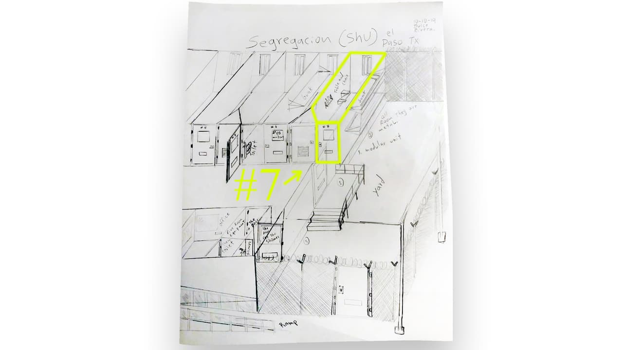 Dibujo que hizo Dulce Rivera de su celda de confinamiento (la número 7) en El Paso Texas. Allí estaba desde el 8 de agosto de 2018. Ya había atentado contra su vida en en el centro de Cibola dos meses atrás, en junio.