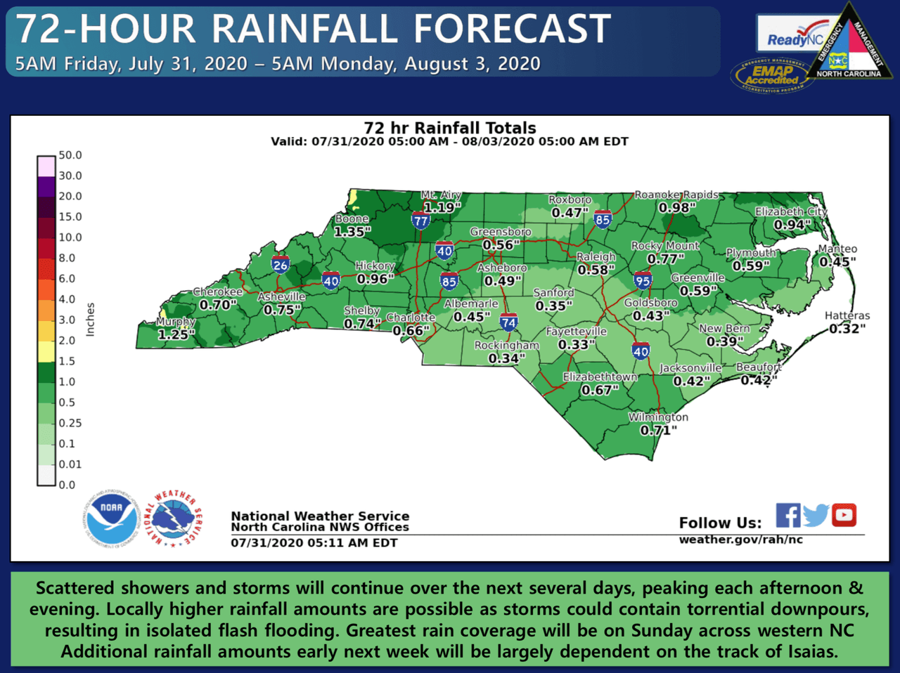 La mayor cantidad de lluvia caerá el domingo al oeste del estado, pero estas podrían aumentar la próxima semana de acuerdo a la dirección del huracán Isaías.