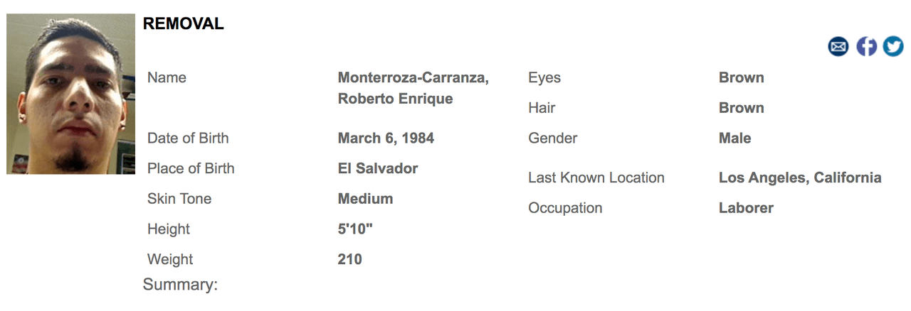 Roberto Enrique Monterroza-Carranza, oriundo de El Salvador, es buscado por una condena por delito grave de posesión de pornografía infantil.
<br>
<br>A pesar de los numerosos intentos de ICE para localizar su paradero, el indocumentado de 36 años sigue en libertad.
