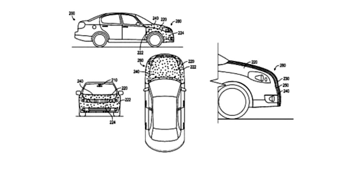 Esta imagen muestra el área del vehículo cubierta por el sistema adhesivo de protección de peatones patentado por Google