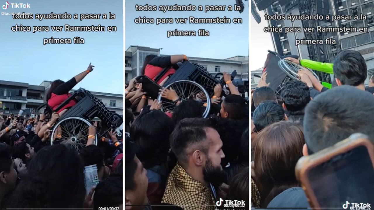 Asistentes de concierto cargan a joven en silla de ruedas para que llegue a primera fila