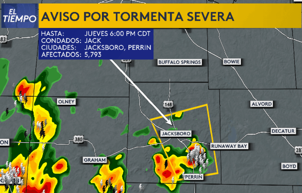 Emiten Aviso por Tormentas Severas para el condado Young y Jack en Texas