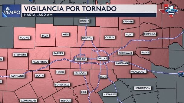 Se extiende la Vigilancia Por Tornado hacia el este y ahora incluye Dallas - Fort Worth hasta las 2 AM. Se agregaron varios condados, incluyendo Tarrant, Dallas, Denton Y Collin.