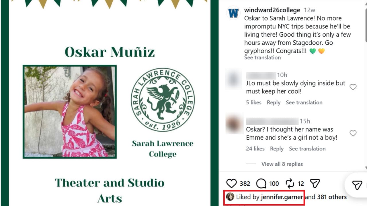 Emme, la hija de JLo, fue presentada como "Oskar Muñiz" en esta cuenta de Instagram que informa sobre los estudiantes de la escuela de la que se acaba de graduar. Llamó la atención el 'like' que le dio Jennifer Garner, ex de Ben Affleck.