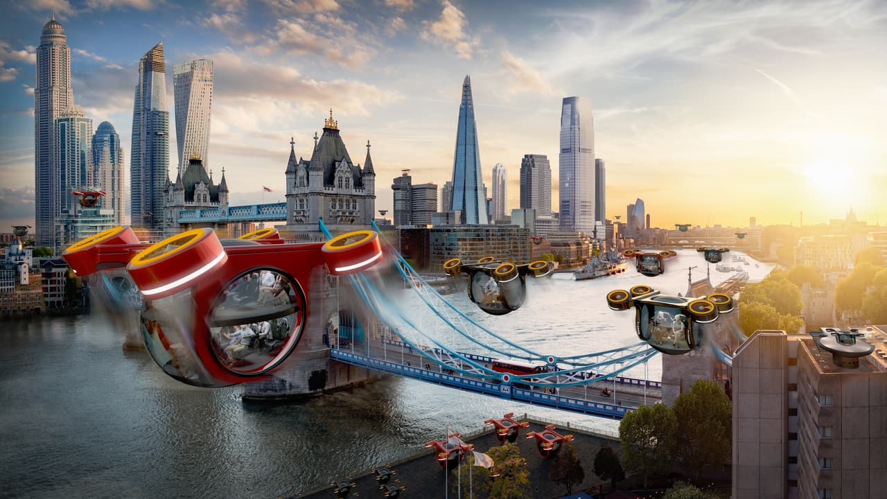 Una fila de vehículos voladores cargados con personas sobre el río Támesis de Londres, Reino Unido, una de las ilustraciones que describen cómo podría ser mundo en el año 2069. Seis de los principales académicos y futurólogos de ese país trabajaron en equipo para imaginar cómo la tecnología modelará el planeta en los próximos 50 años y entre sus conclusiones encontraron que una de las áreas que tendrá mayores cambios será la forma cómo los humanos se desplazan y los lugares hasta dónde podrán llegar.