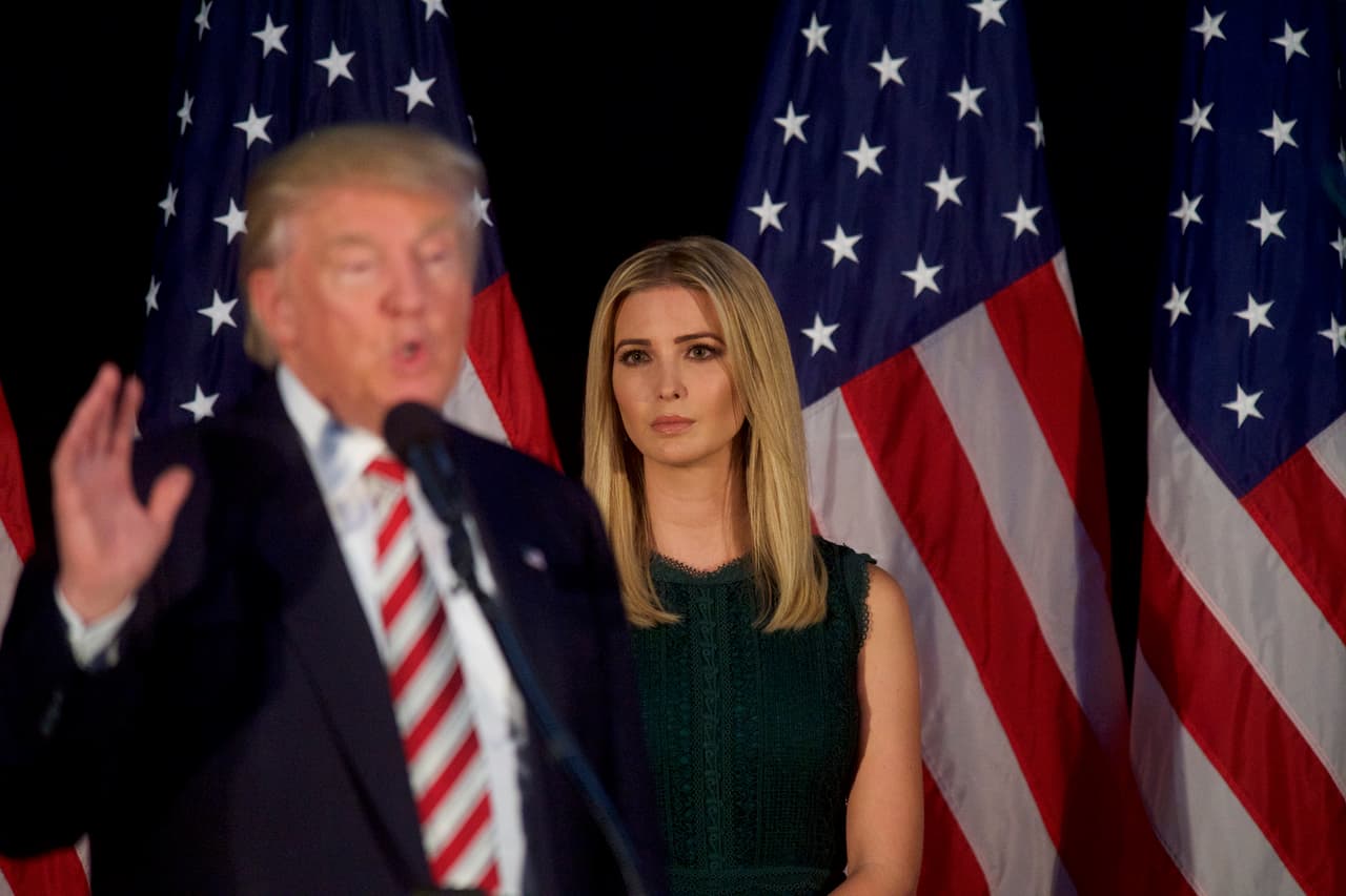 ASTON, PA - SEPTEMBER 13: Ivanka Trump looks on as her her father, Republican presidential hopeful Donald J. Trump, speaks during a campaign event at the Aston Township Community Center on September 13, 2016 in Aston, Pennsylvania. Recent national polls show the presidential race is tightening with two months until the election. (Photo by Mark Makela/Getty Images)