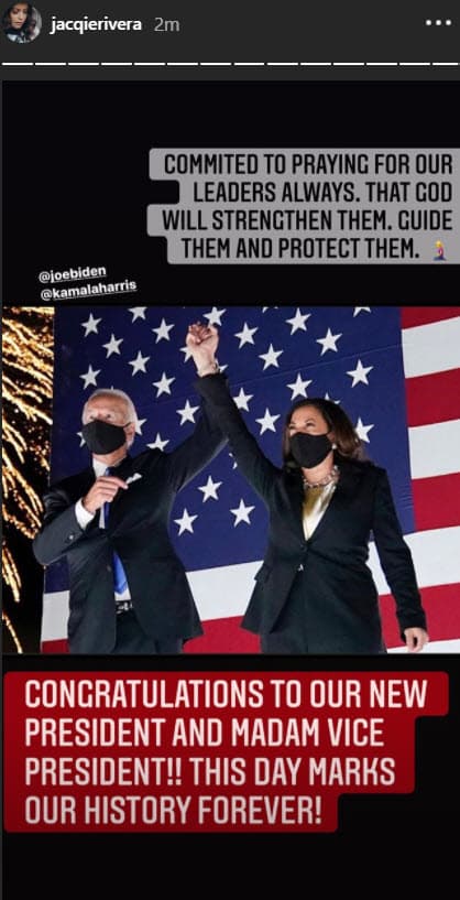 <b>Jacqie Rivera</b>, hermana de Chiquis, felicitó "a nuestro nuevo presidente y señora vicepresidenta. Este día marca historia para siempre".