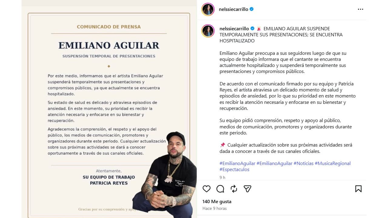 Patricia Reyes informó que Emiliano Aguilar está hospitalizado. La periodista Nelssie Carrillo retomó el comunicado.