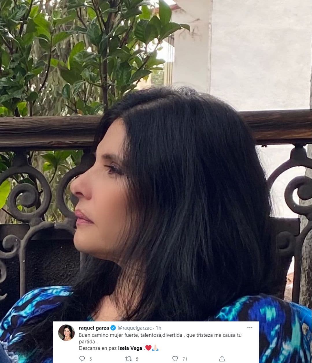 En la misma red social, la actriz Raquel Garza escribió: "Buen camino, mujer fuerte, talentosa, divertida. Qué tristeza me causa tu partida. Descansa en paz, Isela Vega".