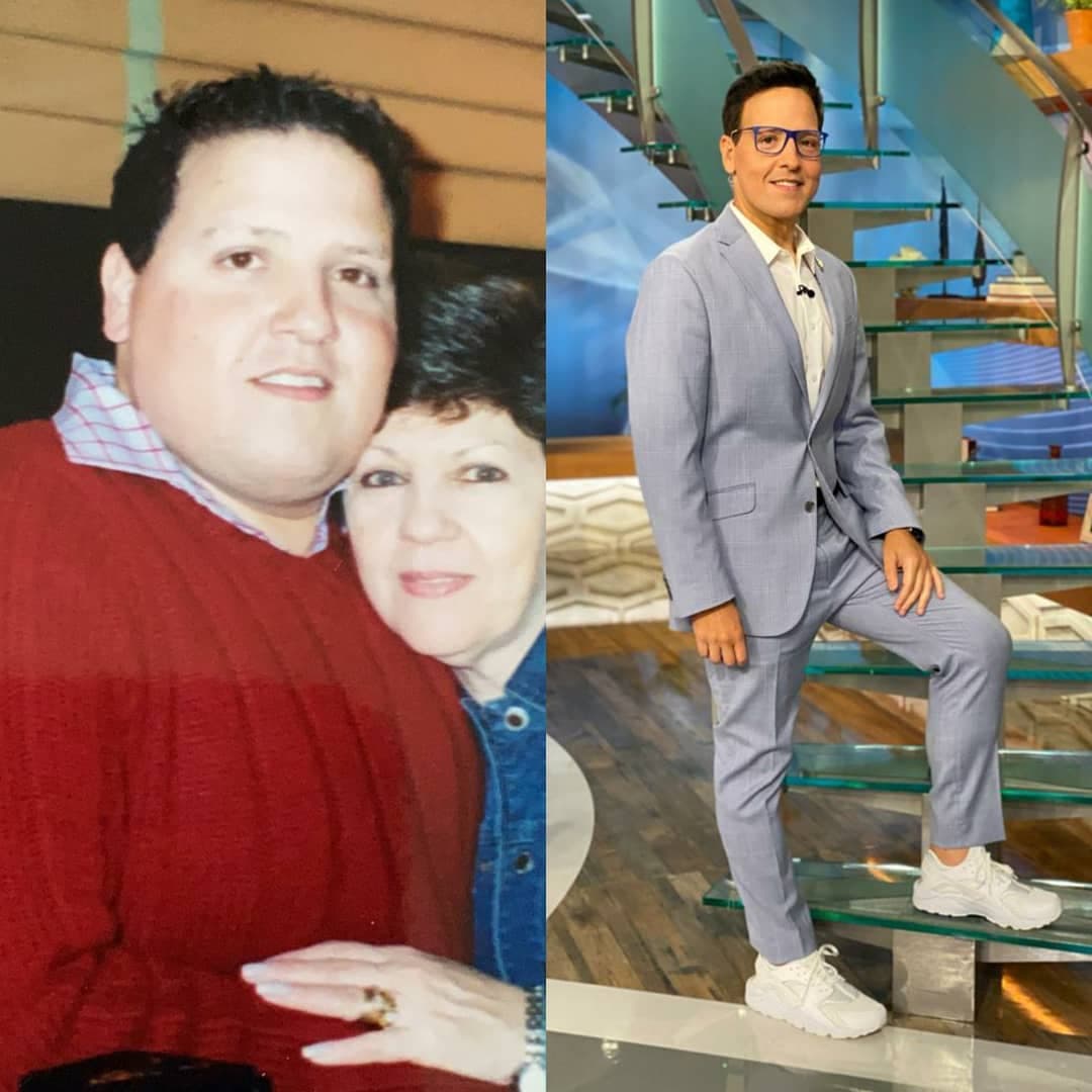 Esta imagen es una comparación entre 2002 y 2020, donde es notable lo mucho que ha cambiado físicamente al pasar de los años: "Diciembre del año 2002, pesaba 240 libras, estaba en ese momento importante firmando mi contrato con Univision, profesionalmente estaba muy bien pero en lo personal las cosas no andaban muy bien con el peso y la comida."