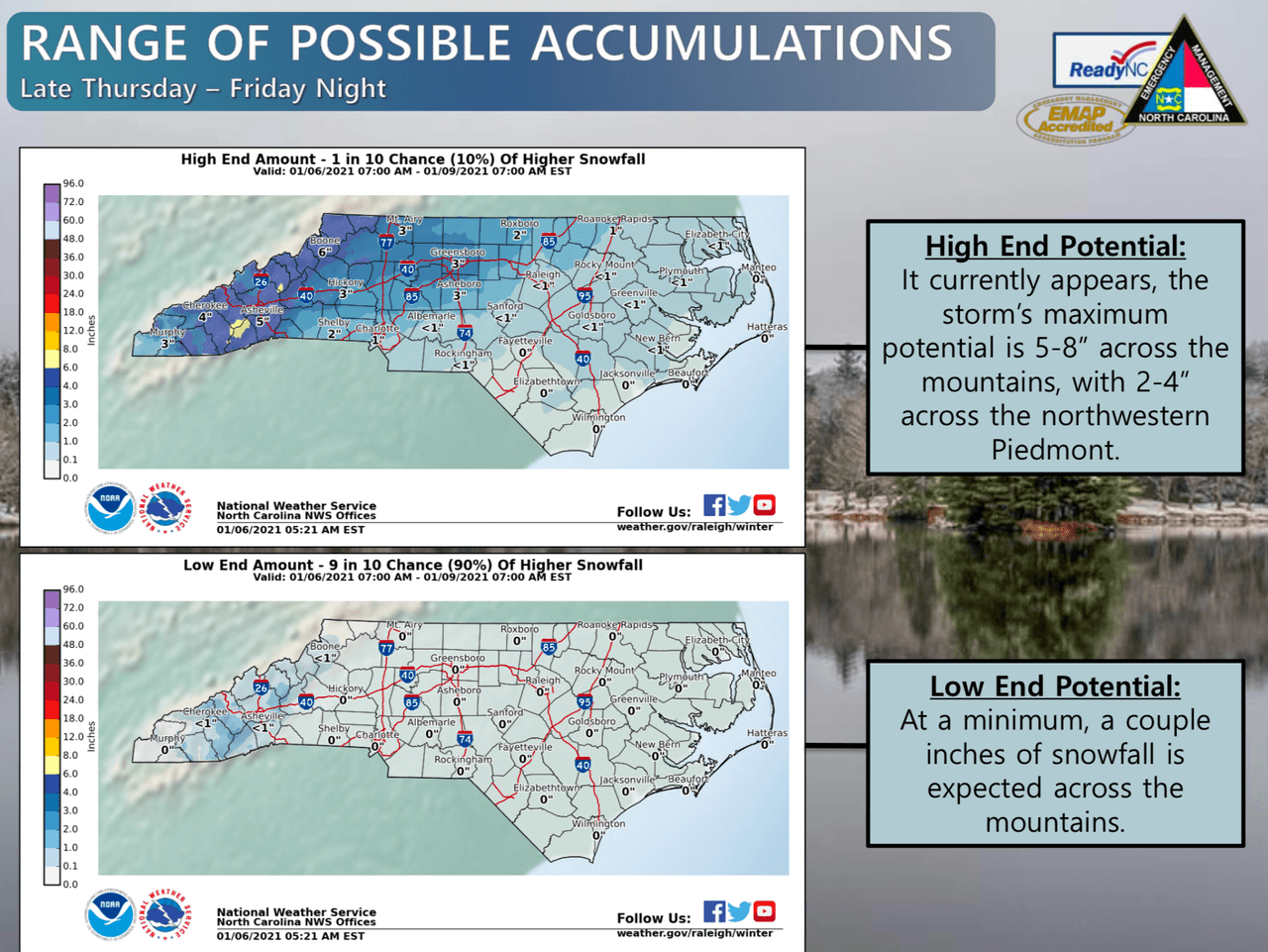 Ciudades como Raleigh, Roxboro y Greensboro podrían ver la primera nevada de 2021.