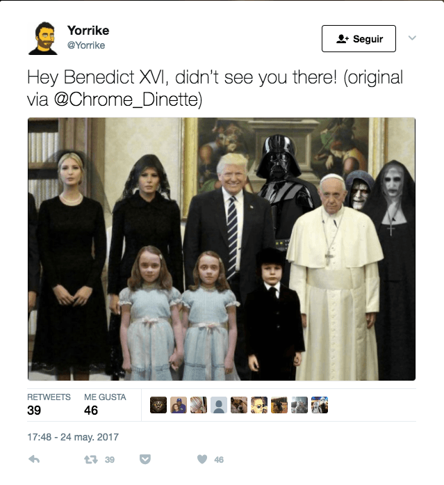El papa no parecía muy feliz de la visita del presidente Trump e Internet se llenó de memes.
<a href="https://twitter.com/Yorrike/status/867542768532430848?ref_src=twsrc%5Etfw&ref_url=https%3A%2F%2Fes.gizmodo.com%2Fajax%2Finset%2Fiframe%3Fid%3Dtwitter-867542768532430848%26autosize%3D1">Enlace</a>.