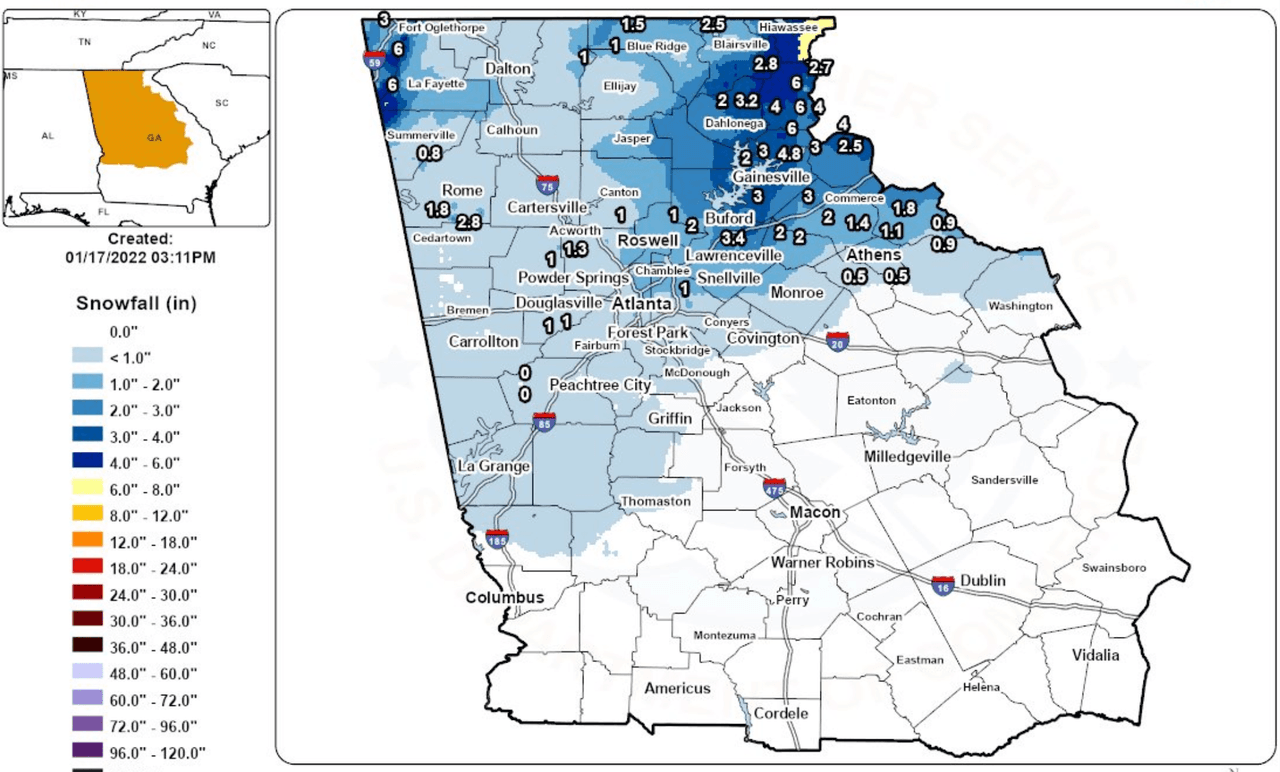 De 0.5 a 8 pulgadas, esto es lo que recibió de nieve cada región en el norte de Georgia este fin de semana