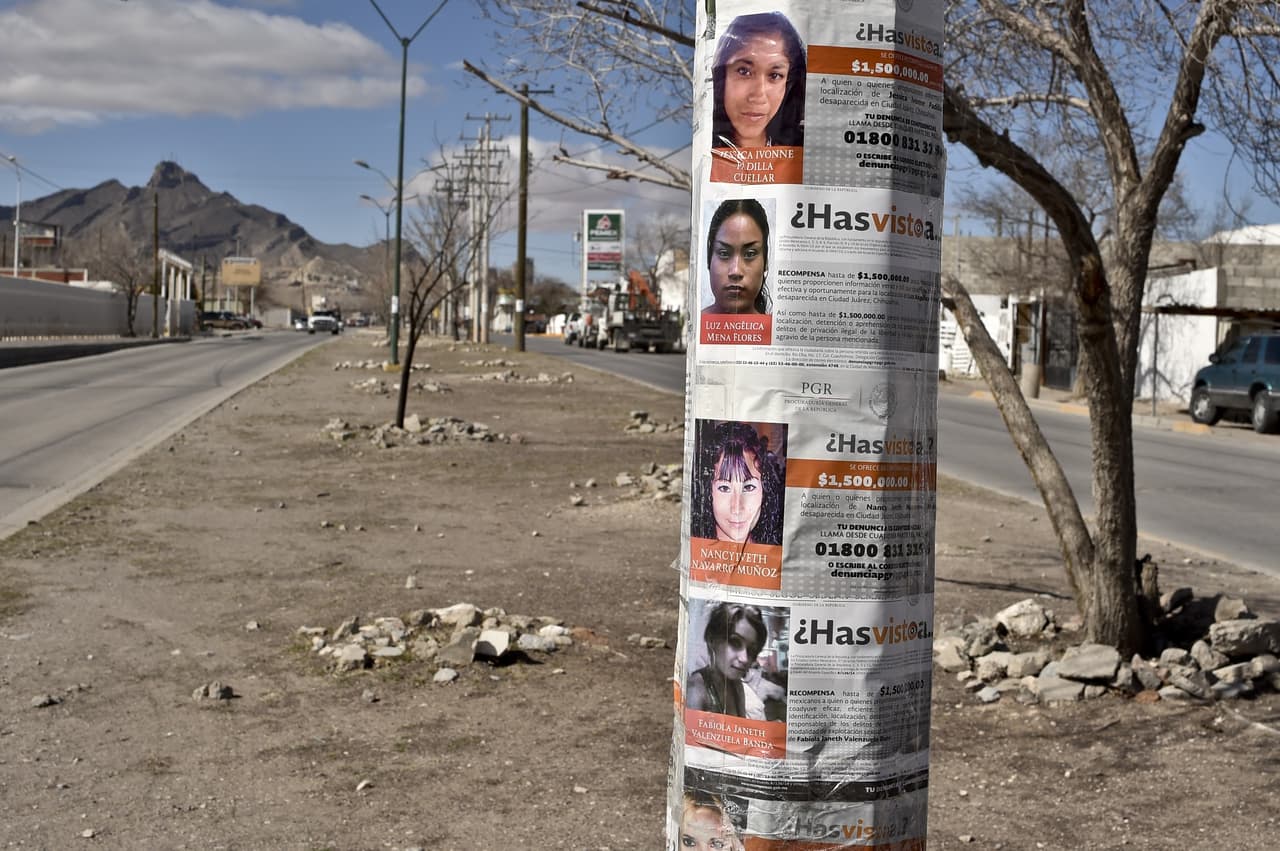 Carteles con imágenes de niñas desaparecidas son pegados en el poste de una calle de Ciudad Juárez, México.
