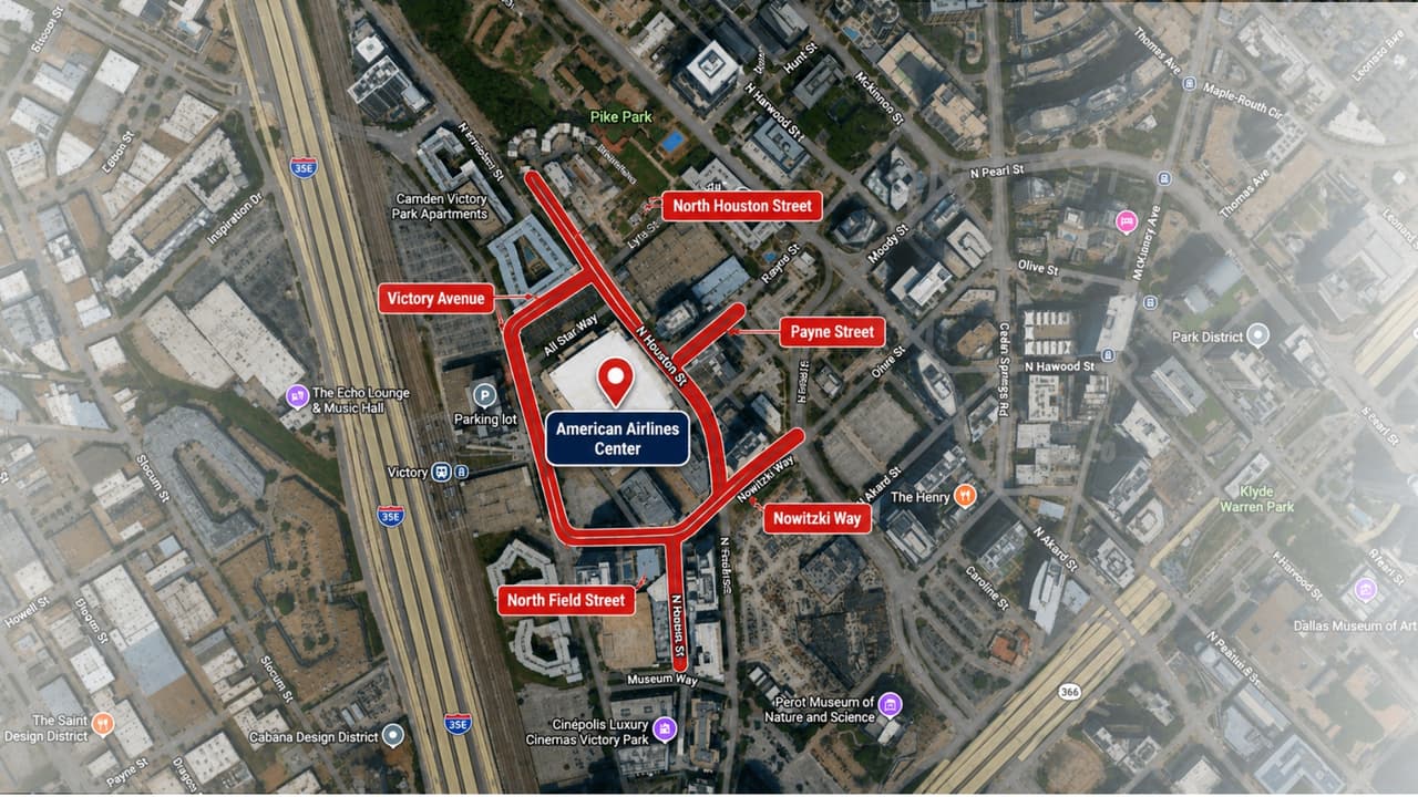 Mapa de los cierres previstos alrededor del American Airlines Center por la visita de Donald Trump y la convención republicana en Dallas.